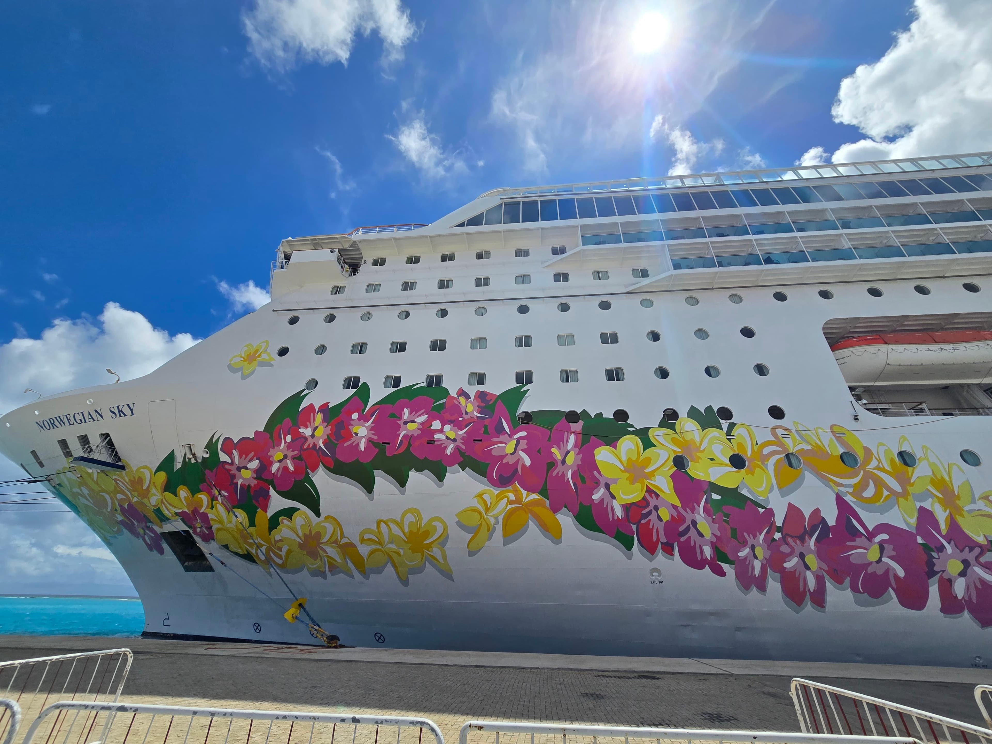 Norwegian Sky cruise ship docked at port with white hull decorated with pink and yellow flower artwork