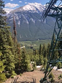 Aerial view of a snow-capped mountain peak above a forested valley with a gondola cable visible in the foreground