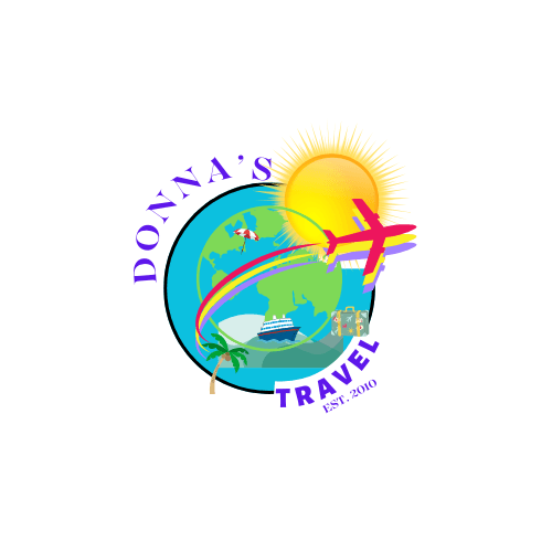 Colorful logo for Donna's Travel agency featuring a globe with airplane, cruise ship, and sun